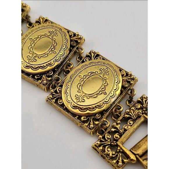 Vintage ART Signed Gold Tone Photo Locket Panel Bracelet Victorian Revival - Picture 2 of 10